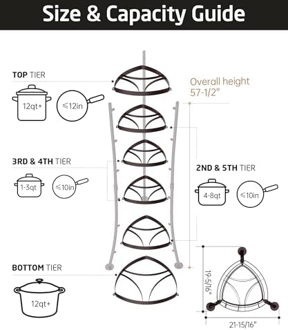 KES Oiled Bronze Freestanding Pot Rack, 6-Tier Cookware Stand, 6 Hooks