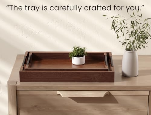 Fibogollo Set of 2 Bamboo Serving Trays with Metal Handles(Brown)