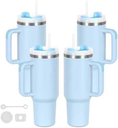 4 Pack 40 Oz Tumblers with Handle Bulk, Double Wall Vacuum Insulated Stainless Steel Tumblers with Lid and Straw, 40 oz Cups with Silicone Spill Proof Stopper Set (Sky Blue)