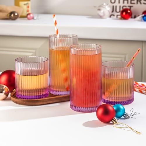 Ribbed Drinking Glasses 8pcs, 12oz and 10oz Glassware, Tumbler Glasses Cup Set for Wedding, Party, Christmas Gift, Purple