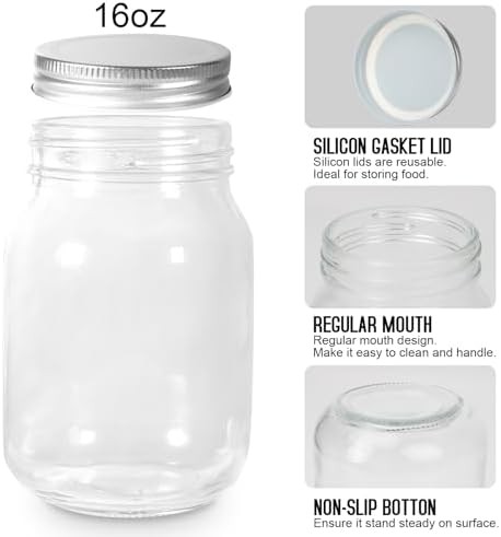Glass Mason Jars, 16oz Regular Mouth Canning Jar with Airtight Lids, 4 Pack