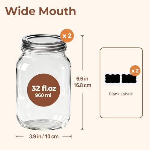 ComSaf 32 oz Wide Mouth Mason Jars 2 Pack Large Glass Jars with Lids