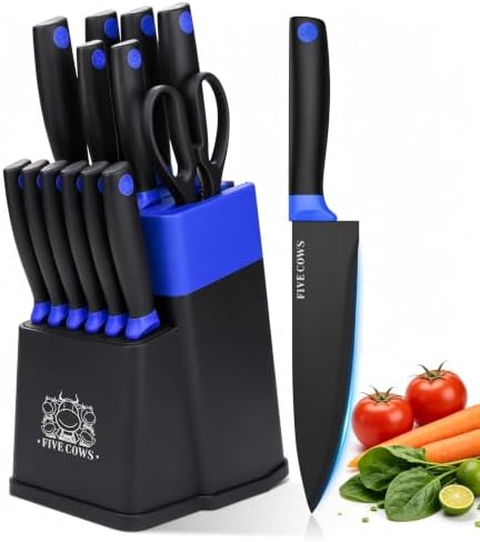 14 Pcs Kitchen Knife Block Set with Sharpener German High Carbon Stainless Steel Chef Knives, Razor-Sharp & Durable, Lightweight Anti-Slip Handle, Professional Set for Home & Kitchen (Blue)
