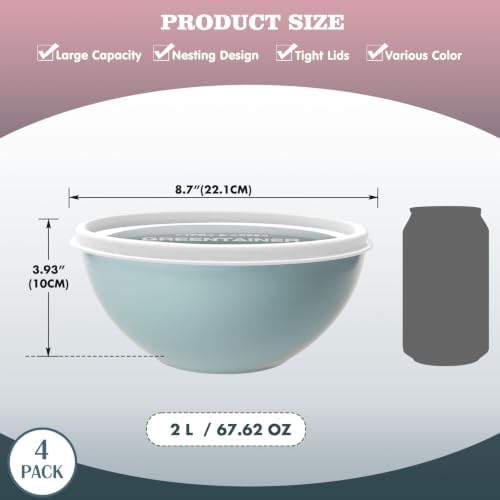 Greentainer 4-Piece Plastic Mixing Bowl Set with Lids for Kitchen, 67oz Lightweight Storage Bowls, Large Salad Bowls for Baking, Prepping, Cooking and Serving Food, Dishwasher & Microwave Safe