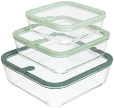 Glad Glass Food Storage Containers, Set of 3 - Airtight Vacuum Sealed Steam Vent Lids - Square Borosilicate Glass Dishes with Ombre Green Lids - Assorted Sizes for Meal Prep & Leftovers, Sage