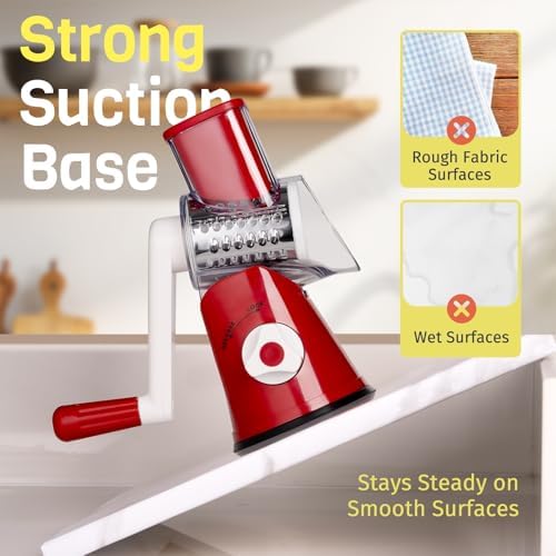 Cheese Grater Hand Crank, Rotary Cheese Shredder with 3 Interchangeable Blades for Coarse, Fine Shredding and Slicing, Strong Suction Base for Pizza, Pasta, Salad, Vegetables, Nuts, Chocolate
