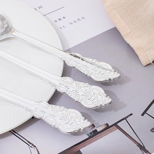 BUCLA 200PCS Silver Plastic Forks and Spoons - Plastic Silverware Baroque - Disposable Silverware Heavy Duty - 100PCS Silver Forks and 100PCS Spoons for Weddings, Christmas and Party