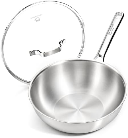COOKER KING 10" Wok Pan with Lid, Stainless Steel Deep Skillet for Stir-Fry