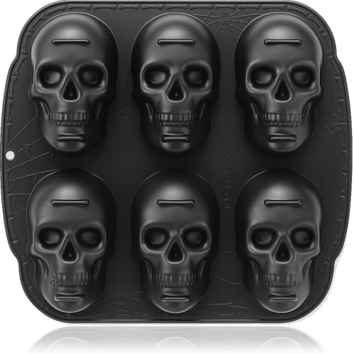 HKNMTT Skull Silicone Baking Pan for Halloween Pizza Cake, 6 Cavities 3D Large Molds, Nonstick Skeleton Head for Soap Ice Tray Oven Safe