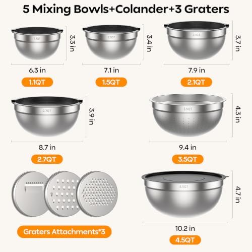 HOMETALL Stainless Steel Mixing Bowls with Lids Set & Colander(6PCS)