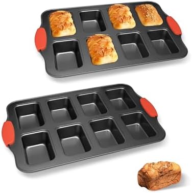 2 Pack Mini Loaf Pans, 8 Cavity Loaf Baking Pans With Silicone Handle Black