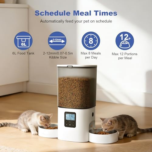 Automatic Cat Feeder for 2 Cats, 6L Cat Food Dispenser with 10s Voice Recorder, Pet Feeder up to 8 Meals per Day, Timed Feeder with Dry Food Sealed Ring