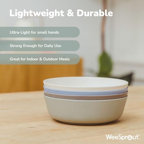 WeeSprout Bamboo Kids Bowls with Lids, Set of Four 10 oz Kid-Sized Dinnerware, Cereal, Leftovers & Snack Bowl, Dishwasher Safe (Blue, Yellow, Orange, & Red)