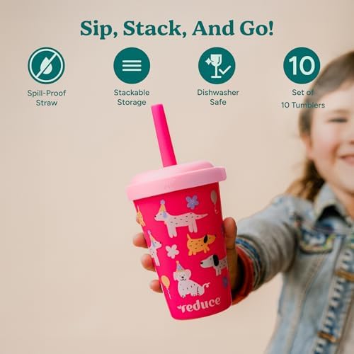 REDUCE GoGo's Kids 10-Pack 12oz Tumbler Cups with Lids & Spill-Proof Straws