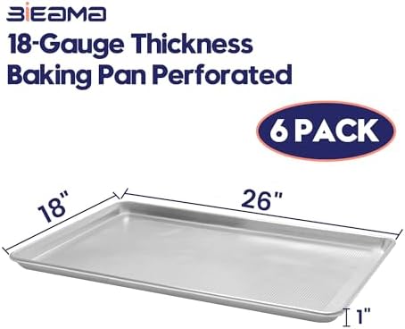 BIEAMA 6 Pack Full Size 18" x 26" Aluminum Baking Sheet Pan Perforated, Commercial Bakery Equipment Cookie Sheets, NSF Approved Baking Tray