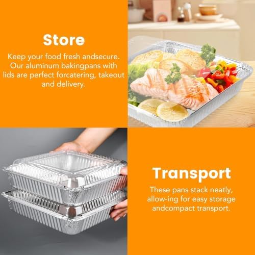 40 Pack 8x8 Inch Aluminum Pans with Clear Plastic Lids - Square Baking Cake Pans - Foil Pans with Lids - Disposable Food Containers Great for Cooking, Heating, Storing, Prepping Food