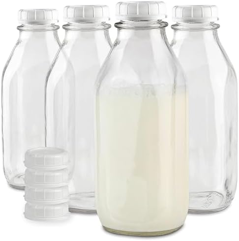 Stock Your Home Liter Glass Milk Bottle with Lid (4 Pack) 32 Oz Jugs and 8 White Caps, Reusable Food Grade Container for Refrigerator, Juice, Oat or Plant Milks, Water, Honey