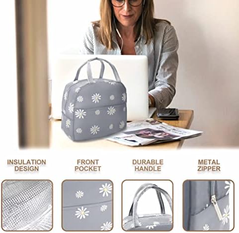 Sonuimy Insulated Lunch Bag Women, Reusable Cute Tote Lunch Box Grey/White