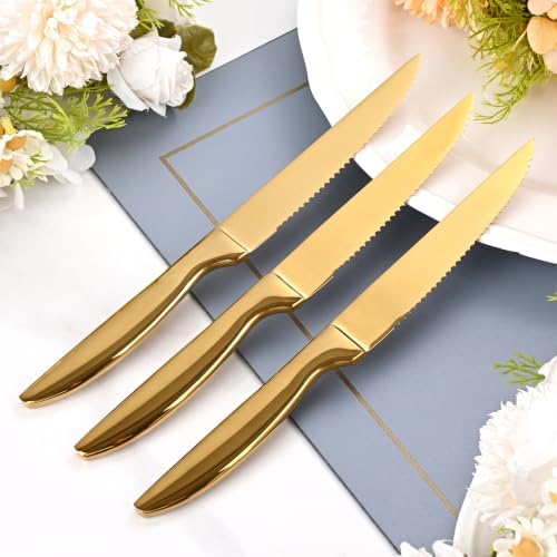 Serrated Steak Knives Set of 6, Gold Kitchen Steak Knives Dishwasher Safe