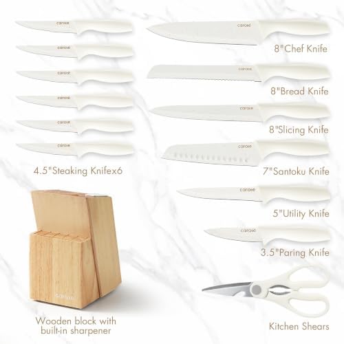 CAROTE 15-Piece Knife Set, Wood Block with Built-In Sharpener, Cream