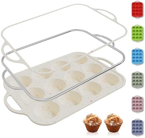 12 Cups Silicone Muffin Pan with Metal Reinforced Frame Regular Size Cupcake Pan Tray Egg Bites Silicone Circle Cookie Molds Muffin Tin Tart Pans Home Baking Supplies Stuff Necessities Cookware