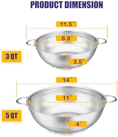 E-far 3QT & 5QT Colander Set of 2, Stainless Steel Micro-Perforated Colander Strainer with Handle for Kitchen/Draining Pasta/Rinsing Vegetables Fruits, Heavy Duty Metal & Dishwasher Safe