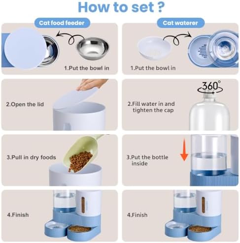 Automatic Cat Feeder Stainless Steel Water Dispenser Gravity Food Feeder and Waterer Set with Pet Food Bowl for Small Medium Kitten Puppy Pets Large Capacity(Blue)