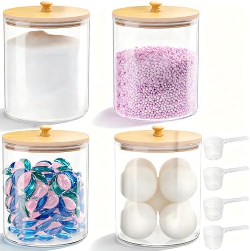 HomePekite Glass Laundry Pods Storage Container, Laundry Room Organization and Storage, Detergent Powder Container, with Wooden Lids & Labels, 4 Pack