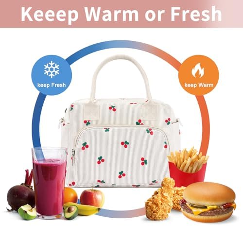 Lunch Bag Women Lunch Box for Women Adult Cute Insulated Lunch Bag Lager Cooler Lunch Tote Bags for Work Picnic (Beige-Cherry)