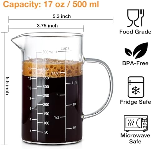 500ML 2 CUP Glass Liquid Measuring Cup With Handle, High Borosilicate Glass Three Scales (OZ, Cup, ML/CC) for Kitchen or Restaurant, V-Shaped Spout Glass Measuring Beaker, Easy To Read