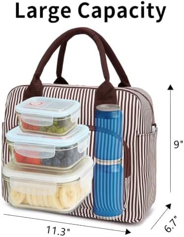 GASSDA Lunch Box for Women Insulated Lunch Bag Women Adult Cute Lunch Bags Reusable Lunchbox Cooler Tote Bag for Work Picnic (Coffee with white stripes)