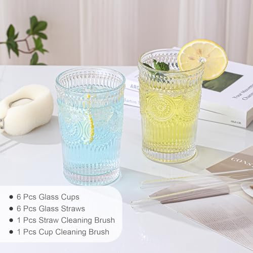 ZMOWIPDL Drinking Glasses Set of 6,13oz Flower Design Clear Glass Cups