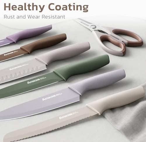 Astercook Knife Set, 13 Pieces Kitchen Knives Set with Healthy Anti-Rust Coating, Dishwasher Safe, Stainless Steel Chef Knife Sets with 6 Blade Guards, Perfect Holiday Gifts for Kitchen Morandi