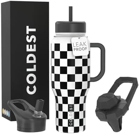 Coldest Tumbler with Handle and Straw, 100% Leak Proof Insulated Tumbler with Lid and Straw (3 Lids), Stainless Steel Tumblers for Women & Men, Cup Holder Friendly, 36 oz (Black Checkers)