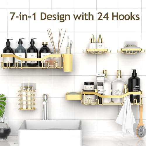 NESOMI Shower Caddy Adhesive Shower Organizer 7-Pack, Rustproof Stainless Steel Bathroom Shelves, Large Capacity No-Drill Rack Storage Accessories with Soap Dish Toothbrush Holder Hooks