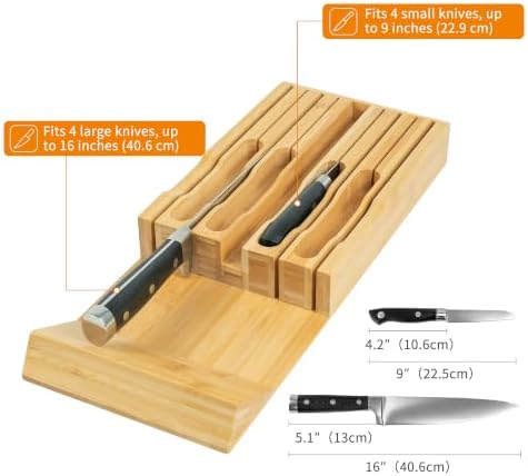 VaeFae Bamboo Knife Drawer Organizer Insert, Kitchen Knife Block, 8 Holder