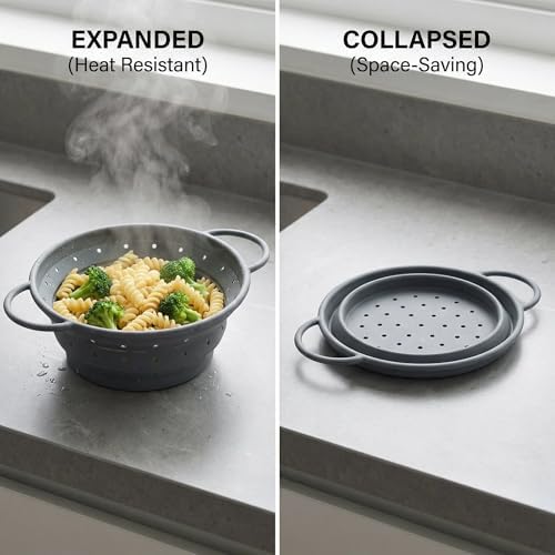 Collapsible Silicone Colander with Handles, Round Strainer with Stainless Steel Rim, Space Saving Kitchen Tool for Fruits & Vegetables,BPA-Free,Heat-Resistant Pasta Drainer(Gray, S+L)