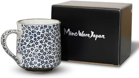Nostalgic Mino Ware Ceramic Sometsuke Small Mug Cup - Japanese Crafted, Floral Pattern, Comfort Grip Handle, For Coffee and Green Tea or Soup, Matcha Tea, Gift Box Included (Mountain Cherry)