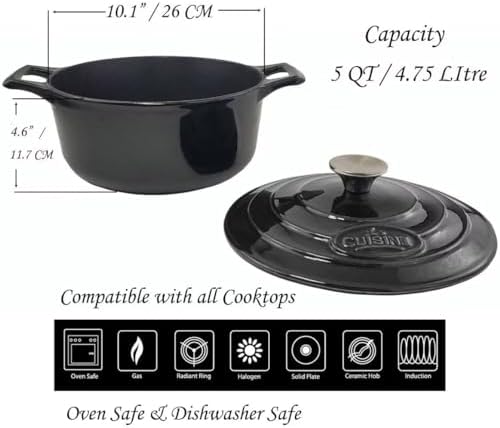 La Cuisine Enameled Cast Iron Dutch Oven Casserole Pot with Lid, Internal Matte Black Enamel Coating 5 QT 10.5" / 26cm Ø For GalssTop Stove, Oven-Safe 550°F/276°C Glossy Black