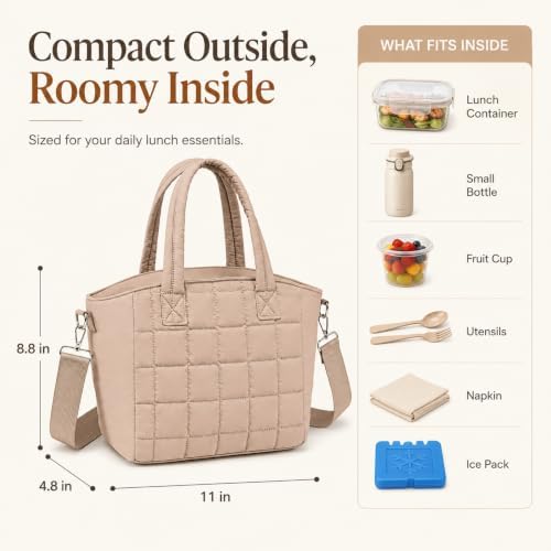 CAMTOP Lunch Box for Women Men Insulated Lunch Bag Lunch Tote Bag Leakproof Thermal Cooler Large Capacity for Travel Work School Picnic (Khaki Check, Medium)