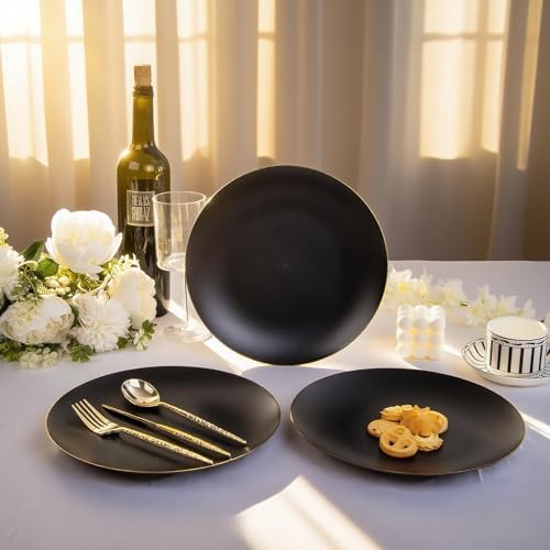 EjonirInjonir 80 Heavy Duty Gold Black Plastic Plates for Party 10.25 Inch