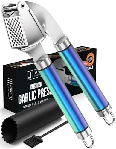 ORBLUE Garlic Press and Peeler Set, Stainless Steel - Professional Grade Mincer, Crusher - Dishwasher Safe & Rust-proof, Multi-colored