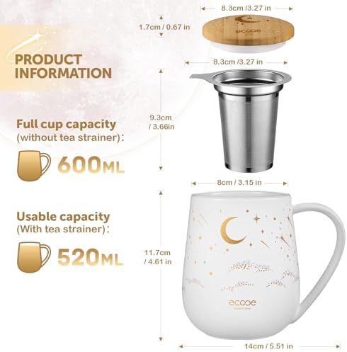 ecooe Tea Infuser Mug 20.3oz Ceramic Tea Cup with Infuser and Lid (White)