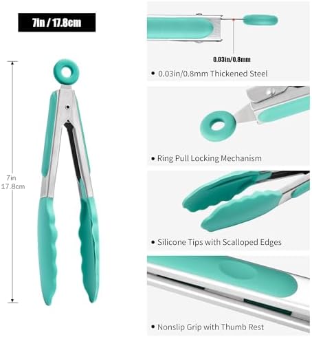 Doosu Kitchen Tongs with Silicone Tips for Cooking Serving (7in, Aqua Sky)