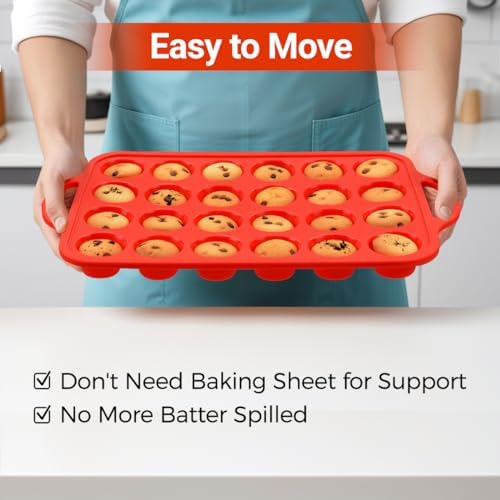 CAKETIME Silicone Mini Muffin Pan 24 Cups with Metal Reinforced Frame, Mini Cupcake Pan NonStick for Baking 1 Pack Oven Dishwasher Safe
