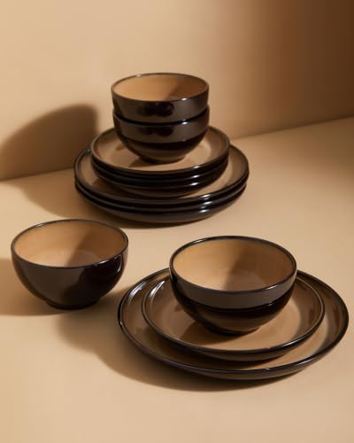 Pokini Stoneware Dinnerware Sets for 4, 12pcs Plates and Bowls Sets Dishes