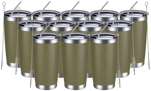 MEWAY 20oz Tumbler 12 Pack Double Wall Vacuum Insulated Travel Mug Bulk, Stainless Steel Tumblers with Lid and Straw, Durable Powder Coated Coffee Cups for Cold & Hot Drinks (Army Green, 12)
