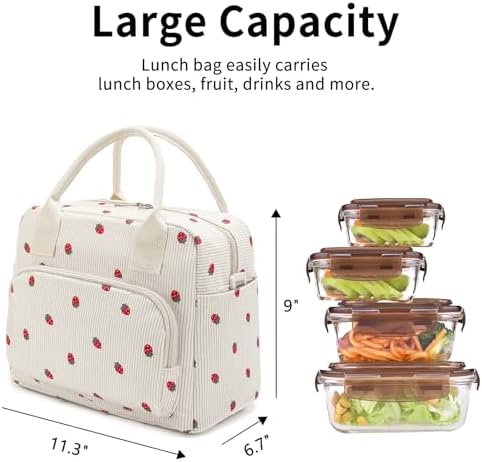 Lunch Bag Women Lunch Box for Women Adult Cute Insulated Lunch Bag Lager Cooler Lunch Tote Bags for Work Picnic (Light Yellow-Strawberry)
