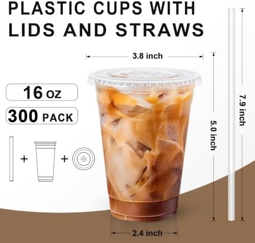Lamosi 300 Pack 16 oz Plastic Coffee Cups with Lids, Disposable Clear Cups