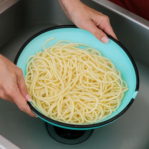 Ultimate Grease Drainer & Food Strainer (Aqua) Premium Heat-Resistant Silicone Colander for Bacon, Ground Beef, Pasta & Veggies; Fits Pans, Cans & Jars; Dishwasher Safe